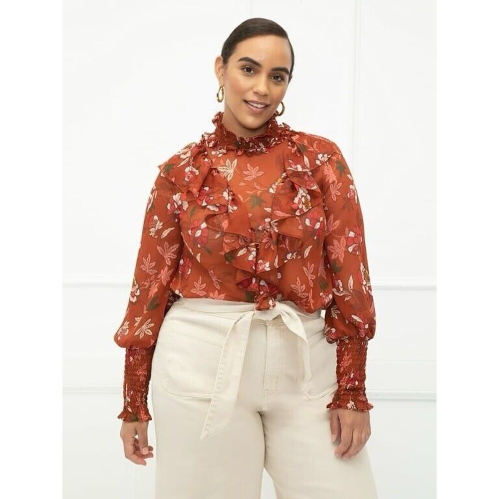 Eloquii Top Plus Size 16 Rust Red Floral Ruffle Sheer Dolman Sleeve Mock Neck